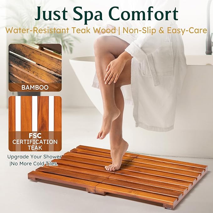 Premium Teak Shower Mat - 24" x 16" Non-Slip Wooden Bath Mat for Bathroom Floor, Fast-Drying Spa-Style Solid Wood Duckboard, Indoor & Outdoor Use