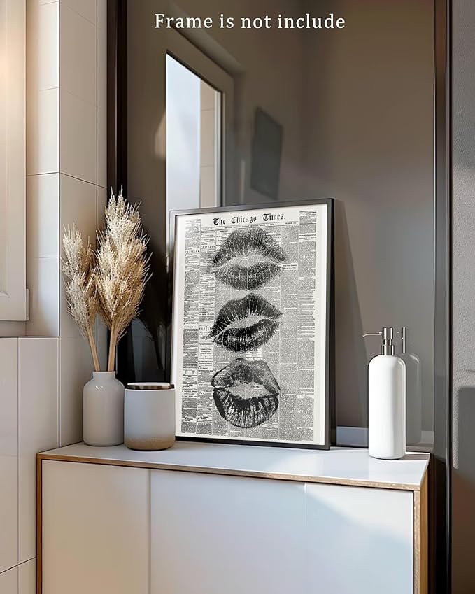 Vodefoad Trendy Newspaper Kiss Lips Wall Art Canvas Prints Disco Poster for Teen Girly Bedroom Apartment Vintage Black & White Newspaper Wall Dec Bar Cart decor -8x10 Unframed