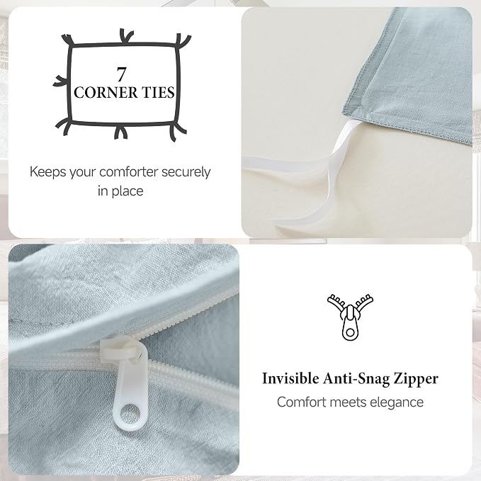 QKTE French Linen Duvet Cover Set, 3 PCS Natural French Flax Dusty Blue Duvet Cover Queen Size, Breathable Soft Comfy Linen Bedding Comforter Cover with 2 Pillowcases(Dusty Blue, 88" x 92")
