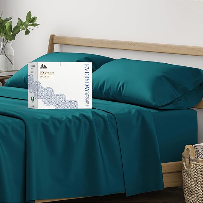 Mayfair Linen 100% Organic Cotton Sheets King Size - Organic Cotton Percale Sheets King Size (4 PC, Teal), Soft, Crisp, Cooling & Breathable 16" Deep Pocket Hotel Bed Sheet Set - GOTS Certified