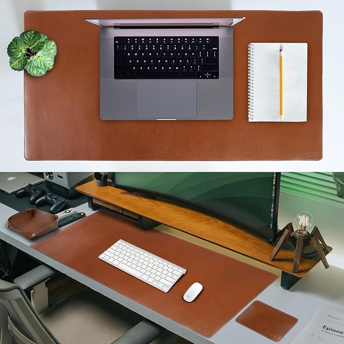 ELIZO Leather Desk Pad Real Leather Desk Mat Thick (3mm) Double Layer (32x16) Cover Blotter Desk Protector Large Computer Mat for Keyboard Mouse Pad Table Laptop Mat Office Accessories - Camel