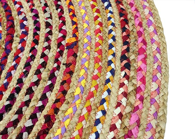COTTON CRAFT Jute Cotton Chindi Braid Rag Rug - Boho Farmhouse Rustic - Handwoven Reversible Natural Jute and Recycled Cotton Throw Area Rug Carpet - Home Décor - 3 Feet Round Multi Color