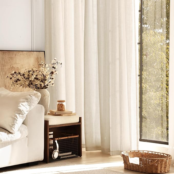 Apricot Linen Curtain 102 inch Length 2 Panels Set Back Tab Light Filtering Living Room Curtain Drapes Home Office Modern Minimalist Decor Farmhouse Boho Neutral Cream Semi Sheer Curtain 102 inch Long
