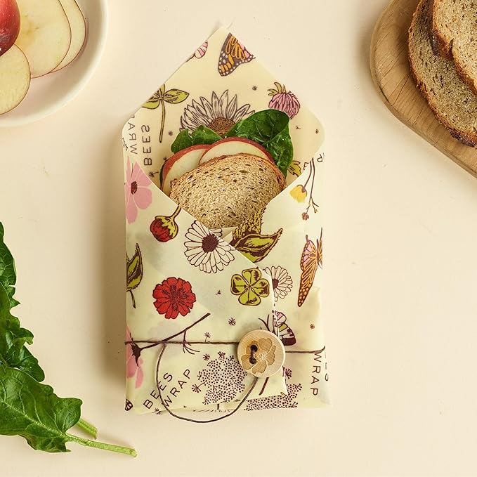 Bee's Wrap Vegan Beeswax Sandwich Wrap - Beeswax Lunch Wrap with Button & Tie - Plastic Free Made in USA Reusable Natural Food Wrap - Meadow Magic