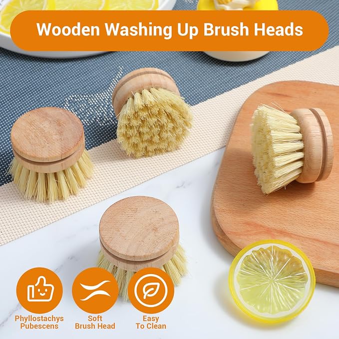 12 Pcs Bamboo Dish Brush Replacement Heads, Wooden Dish Brushes for Cleaning – Kitchen Wood Dish Scrubbers Washing Up Brush Heads Natural Bristle Brush Refills for Dishes, Pots