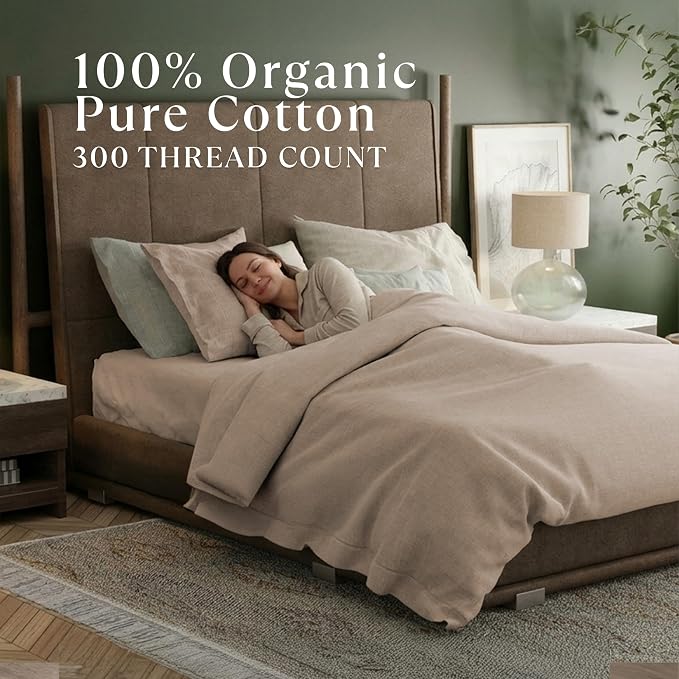 Delilah Home 100% Organic Cotton King Pillow Case, GOTS & Vegan.org Verified, Long Stem 300 TC Sateen Bedding, Non-Synthetic, Deep Pocket Fitted Linen, Lightweight, All-Season, 2 Pieces Set - Beige