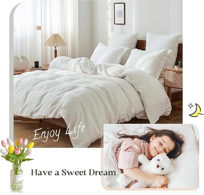 Simple&Opulence 100% Linen Duvet Cover Set, Natural French Flax White Duvet Cover Twin Size, Breathable Soft Comfy Linen Bedding Comforter Cover with 1 Pillowcase(White, 68"x86")