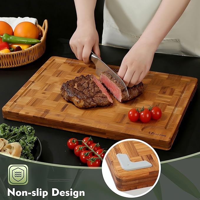 Extra Large Bamboo Cutting Boards, 2-Pack Heavy Duty Bamboo Cutting Boards Set with Juice Grooves & Non-Slip Feet –Checkered Extra Large Thick Wood Chopping Board for Meat, Fruits, Non-Toxic & Durable