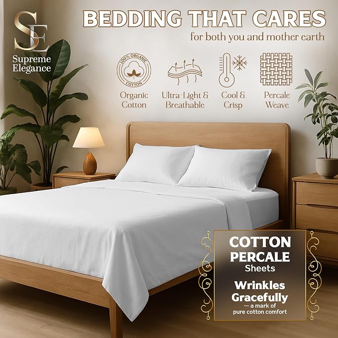 SUPREME ELEGANCE 3Pc 100% Organic Cotton Twin XL Sheets Set, Snow White, Cooling Percale, Deep Pocket Fitted Sheet, Fits 14" Mattresses, Breathable Bed Sheets & Pillowcases Set, Crisp Bedding