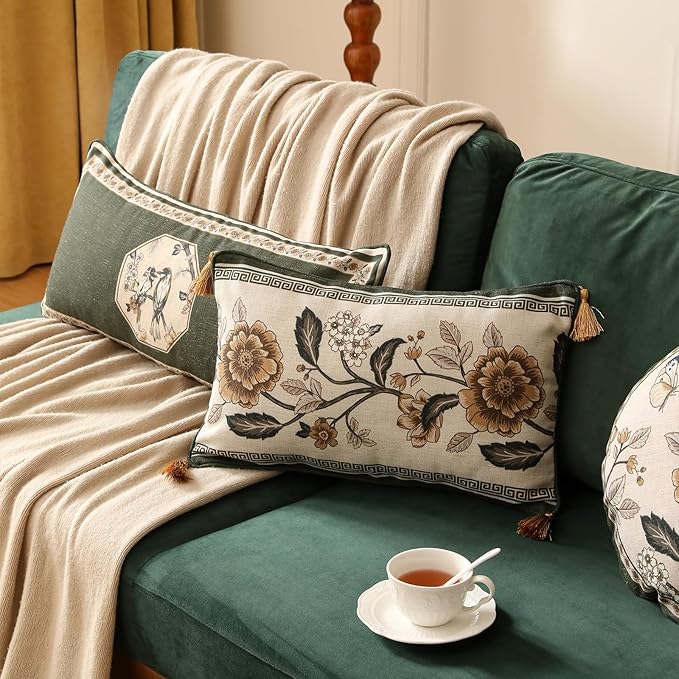 ISAENNE Design Linen Chinoiserie Rectangle Throw Pillow Covers 12"x20" Pack of 2, Farmhouse Cushion Covers with Yellow Floral Pattern Decoration Pillowcases for Bed,Living Room,Outdoor,Car