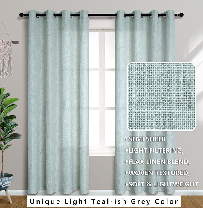 Light Green Curtains 84 Inch Length for Living Room 2 Panels Set Linen Textured Light Filtering Semi Sheer Grey Aqua Coastal Curtains for Nursery Decor Dining Bedroom Seafoam Pale Blue Teal Gray Mint