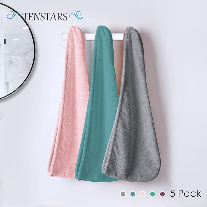 TENSTARS 5 Pack Thicken Microfiber Hair Towel Wrap for Women - Elastic Loop Design - 320GSM Coral Velvet - Quick Dry Hair Turban - 11x28 Inch (Aqua Green+Pink+Burgundy+Teal+Grey)