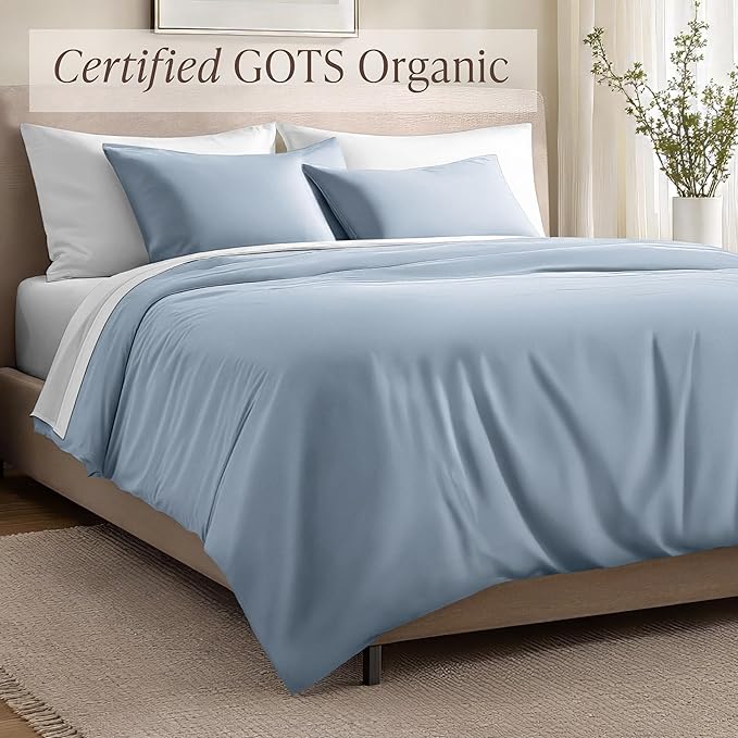 Bare Home 100% Organic Cotton Sateen Duvet Cover Set - Extra Long Size - 400 Thread Count - Smooth Sateen Weave - Warm & Luxurious - Duvet Cover (Twin/Twin XL, Dusty Blue)