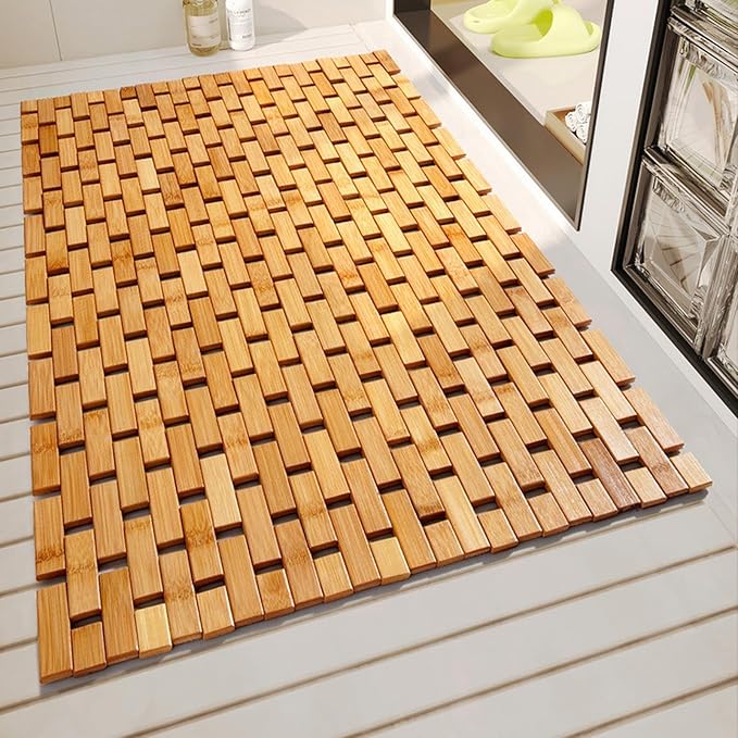 Bath Mat for Luxury Shower, Non-Slip Bamboo Sturdy Waterproof Bathroom Carpet for Sauna Spa Steps Decor and Accessory, Dark Khaki, 16" x 24"