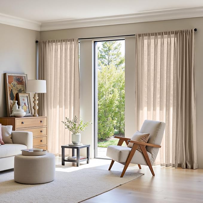 jinchan Extra Wide Sliding Door Curtain 96 Inch Length Taupe Linen Curtains Semi Sheer Drapes for Patio Door Living Room Bedroom Home Office Light Filtering Drapes 100 Inches Wide 1 Panel