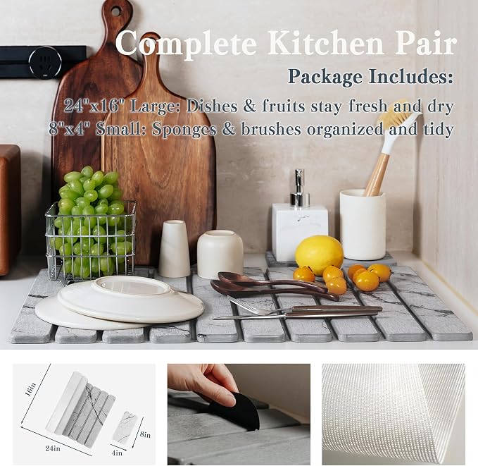 2pcs Stone Dish Drying Mat for Kitchen Counter, Quick-Dry Diatomaceous Earth Water Absorbent Pad & Countertop Drainer, Home Essentials for Bath and Pets - Marble Light Grey, 24x16’’ & 8x4’’
