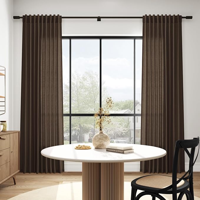 Nanspring Chocolate Linen Blend Light Filtering Back Tab Curtains 108 Inches Long, Semi Sheer Privacy Drapes for Living Room & Bedroom, 52x108 inch, 2 Panels