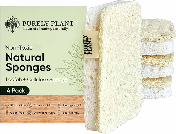 Purely Plant Loofah Dish Sponge 4 Pack– Loofah & Cellulose Premium Kitchen Scrubber, Non Toxic, 100% Plastic Free,Compostable & Biodegradable,Durable, Non-Scratch Scouring Luffa for Dishes, Sink&Tile