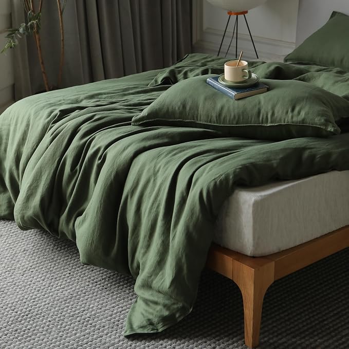 XZ XIFA Green Linen Duvet Cover Queen, 100% Washed French Flax Linen Bedding with Zipper Closure, Cooling for Hot Sleepers, Textured Bed Sets - 1 Duvet Cover and 2 Pillowcases