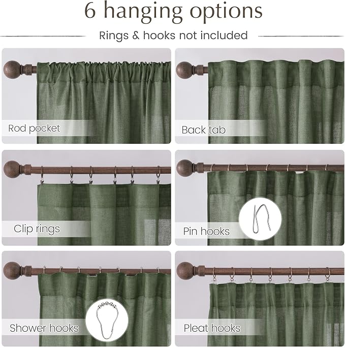 NICETOWN Thick Linen Blend Semi Sheer Forest Green Curtains, Pleat Tape Privacy Added Drapes with Light Filtering Window Treatments for Bedroom/Living Room, W52 x L95, 2 Panels