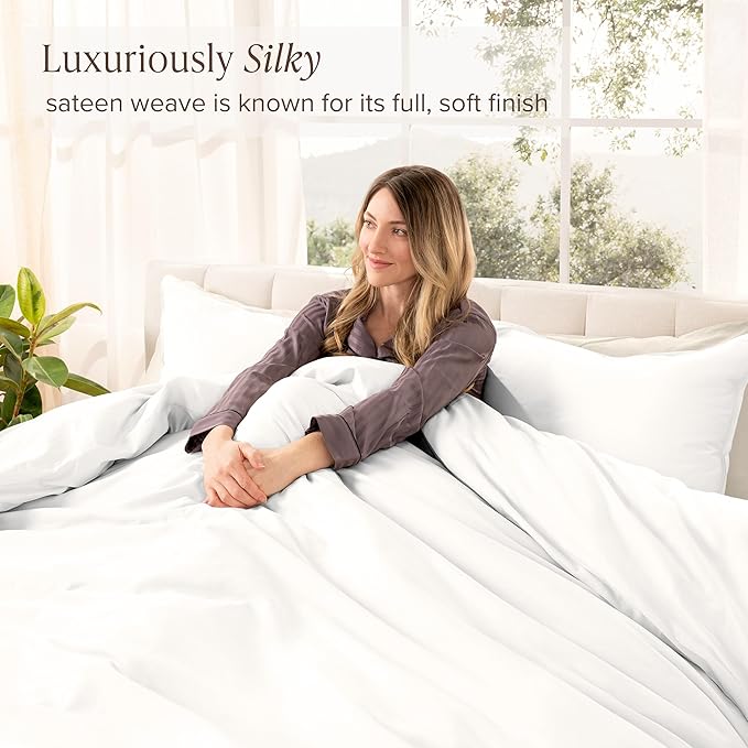 Bare Home 100% Organic Cotton Sateen Duvet Cover Set - Full/Queen Size - 400 Thread Count - Smooth Sateen Weave - Warm & Luxurious - Duvet Cover (Queen, White)