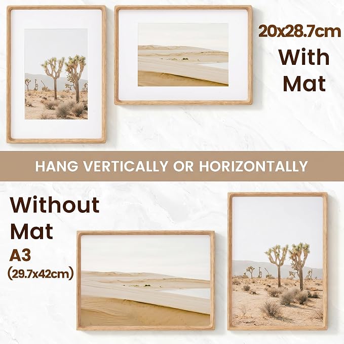 A3 Picture Frame, USA-Sourced Oak Wood Photo Frames with HD Tempered Glass, Handcrafted Rounded Corner A3 Wooden Frame Matted to A4 Photos, Tabletop or Wall Display