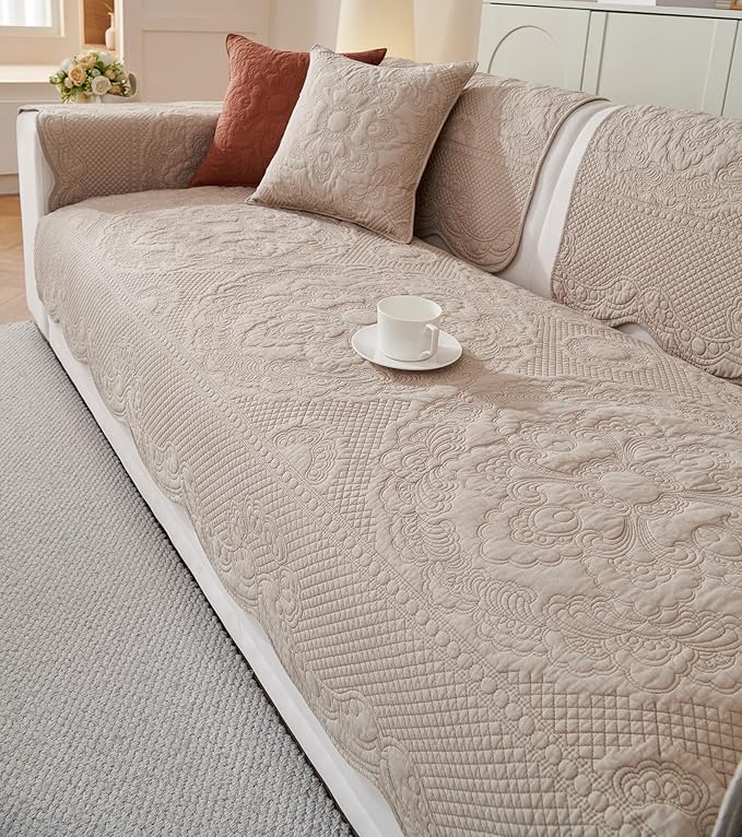 vctops Boho Cotton Quilted Couch Cover Soft Embroidered Sofa Cover Non-Slip Dog Bed Cover Scalloped Sofa Slipcover Washable Furniture Protector Cover (Khaki,36"x82")
