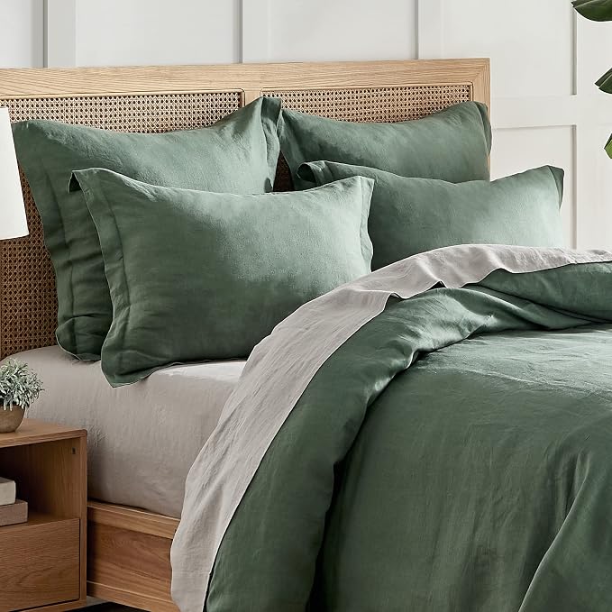 Levtex Home - 100% French Flax Linen - King Duvet Cover - French Flax Washed Linen - Forest Green - Duvet Cover Size (106x94in.)
