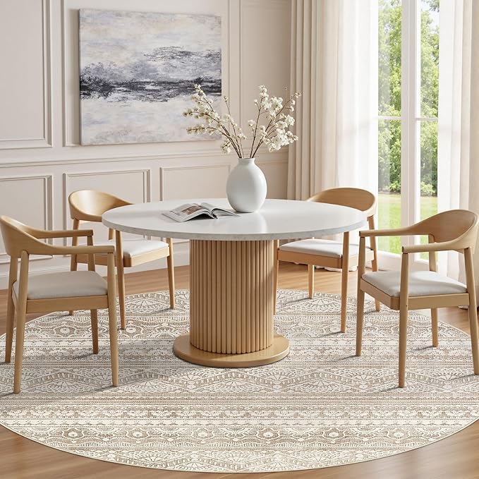 Tortania 10' Round Area Rug Living Room Rugs - Washable Large Soft Neutral Boho Moroccan Bohemian Farmhouse Rug Indoor Floor Carpet for Bedroom Under Dining Table Home Office Decor - Light Brown