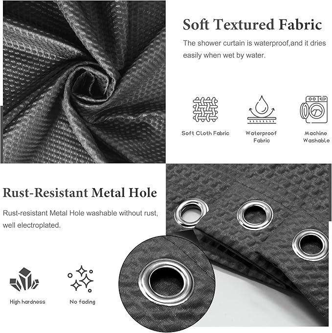 Tititex Solid Black Cloth Fabric Shower Curtain Liner with 2 Magnets - Texture Soft Hotel Quality Waterproof Shower Liner, Light-Weight & Machine Washable 72x78 inch