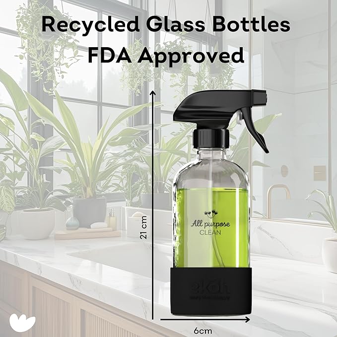 EKOH 2 Pack Glass Countertop Soap Dispensers - Refillable & Reusable with Silicone Protective Base and Preprinted Labels - for Kitchen and Bathroom (Clear)