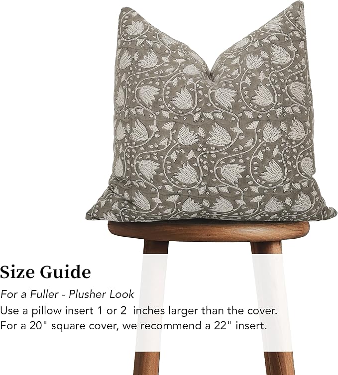Handmade Block Print 100% Thick Cotton 20 x 20 inch Throw Pillow Cushion Cover with Zipper - Pillowcase for Bedroom, livingroom, Couch, Sofa, Outdoor, Chair, Bed, Home Décor-Sansa (Grey 1)