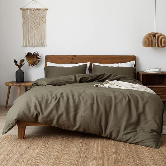 XZ XIFA Olive Green 100% Linen Queen Size Bedding Set, Cooling Duvet Cover with Natural Washed French Flax，Soft,Breathable,Textured,Fluffy Duvet Cover (1 Duvet Cover,2 Pillow Shams)