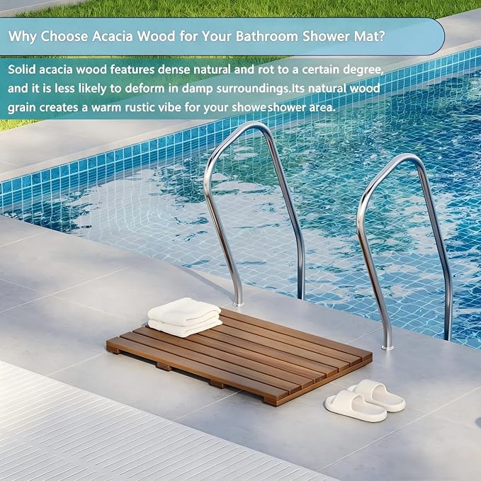 26"x16.9" Solid Acacia Wood Shower Mat, Non Slip Wooden Bath Mat, Indoor Outdoor Entryway Door Mat Multi-Purpose Plant Stand for Shower Bathtub Pool Spa Garden (Large)