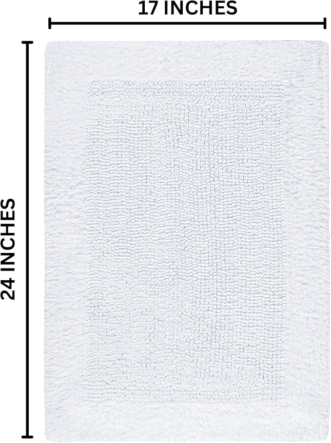 Bedding Craft Reversible White Cotton Bath Mat Rug – 17x24, Water Absorbent, Machine Washable Bathroom Rug Mat for Outside Bathtub