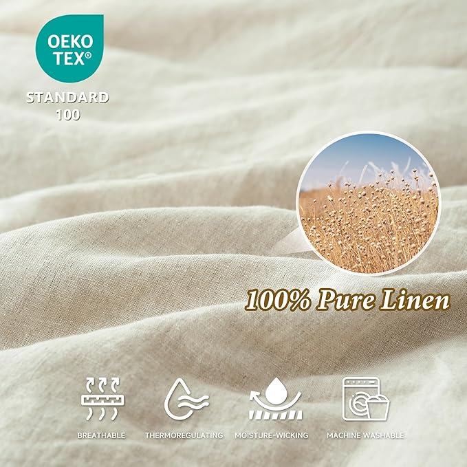 100% Linen Duvet Cover Set, 3 PCS Natural French Flax Linen Duvet Cover King Size, Breathable Soft Comfy Linen Bedding Comforter Cover with 2 Pillowcases(Linen, 104" x 92")