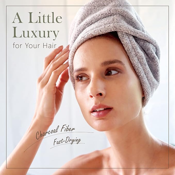 myHomeBody Hair Towel Wrap, Quick Drying Turban, Absorbent Cap – 2 Pack | Hair Turban Towel for wet hair, Ultra Soft Charcoal Fiber Cap, Towel Head Wrap for bathing with Coconut Shell Button
