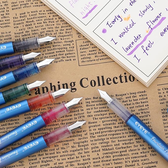 EYEYE Disposable Fountain Pens for Writing, Pack of 8 Black Fountain Pens Medium Point Stainless Steel Nib