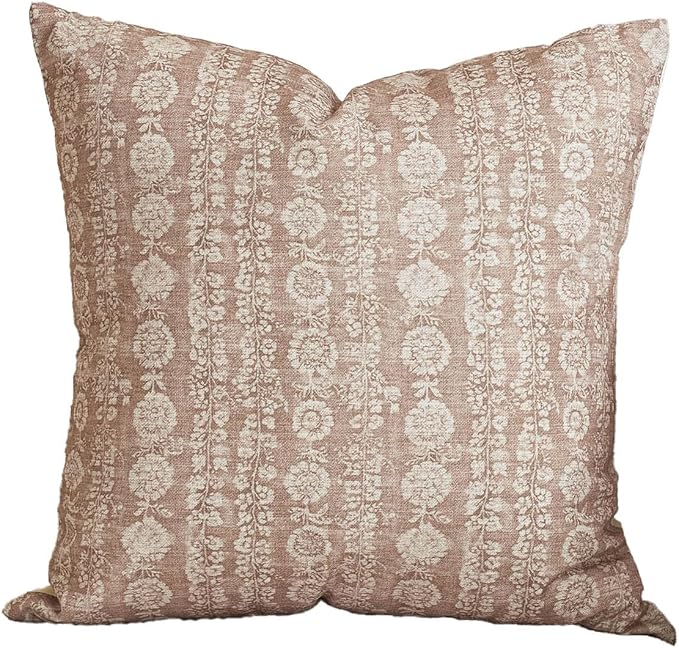 Amor Virisso Vintage Floral Throw Pillow Covers 18x18 Striped Farmhouse Block Print Pillow Cover Boho Neutral Decorative Pillows for Living Room Bed, Light Camel