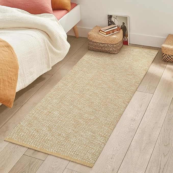 LEEVAN Washable Runner - 2'x5', Tan Hallway Runner, Hand-Woven Reversible Entryway Rug, Cotton Modern Bedroom, Farmhouse Bathroom, Soft Laundry Room, Long Carpet Sink Foyer