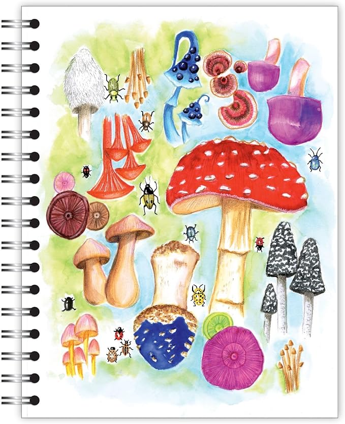 Small Spiral Bound Recycled Notebook, Mushrooms Design, 9.75" x 7.5", 70 Sheets, Double-Wire, College Ruled, Vegan, Made in USA