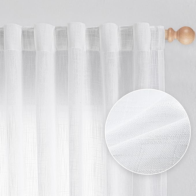 MYSKY HOME White Curtains for Living Room 1 Panel, Semi Sheer Curtains & Drapes Light Filtering Farmhouse Country Boho Style Back Tab Draperies for Sliding Glass Door (Customsize, White)