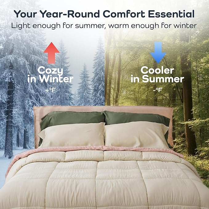 Olive + Crate Cooling Down Alternative Comforter - Hypoallergenic Queen Size Duvet Insert Lightweight - All Seasons Plush Design Bamboo Comforter - 100% Bamboo Viscose Outer Cover - Beige 88"x90"