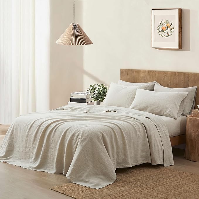 ATLINIA 100% Pure Flax Linen Bedding Set - Stone Washed French Linen Fabric Deep Pocket Fitted Sheet Farmhouse Flat Sheet 2 Pillowcases (Natural, Full)