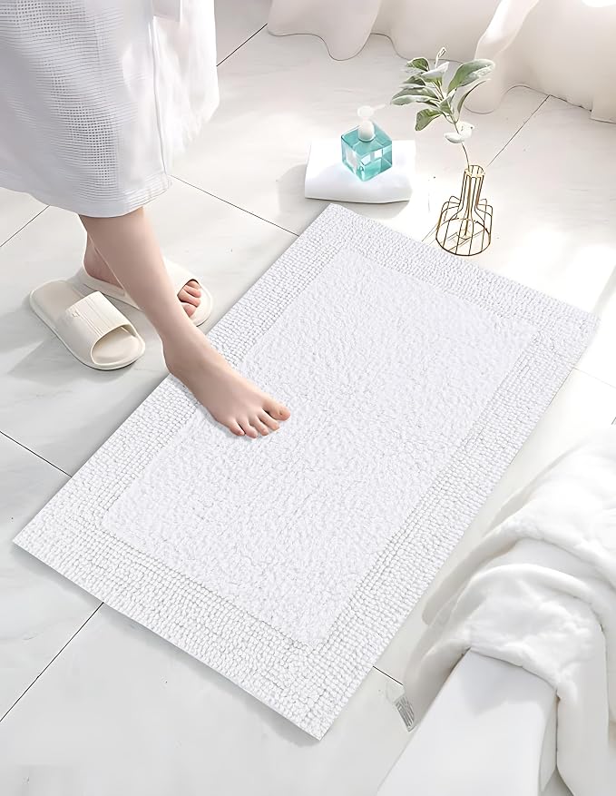 Bedding Craft Reversible White Cotton Bath Mat Rug – 17x24, Water Absorbent, Machine Washable Bathroom Rug Mat for Outside Bathtub