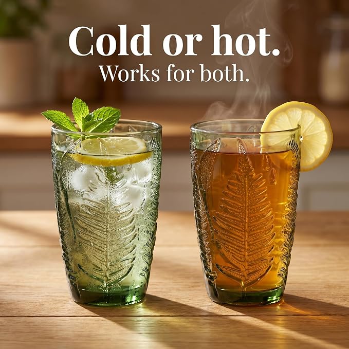 Green Drinking Glasses Set of 4, 12 oz Vintage Hand-Pressed Glass Cups, Fern Textured Highball Tumblers, Antique Style Boho Glassware for Water, Juice, Cocktails & Mocktails, Housewarming Gift Set
