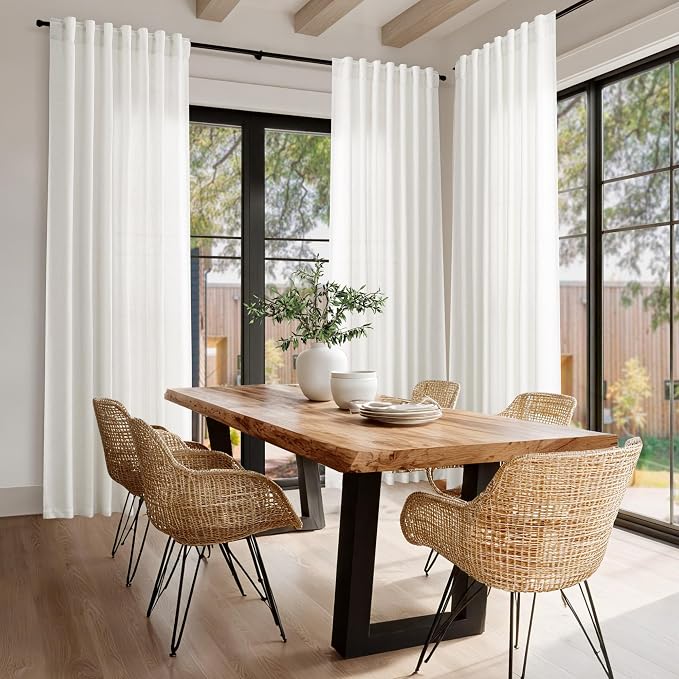 Nanspring Beige White Curtains Linen for Living Room 90 Inches Long Back Tab and Rod Pocket Semi Sheer Privacy Curtains Coastal Room Decor Curtain for Bedroom Dinner Room 70x90, 2 Panel