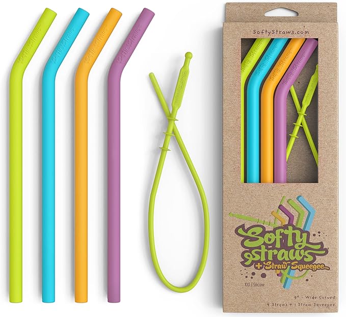 Softy Straws Wide Premium Reusable Silicone Drinking Straws + Patented Straw Squeegee - 9” Long With Curved Bend for 20 30 32 oz Tumblers Non Rubber, Flexible, Safe for Kids/Toddlers, Smoothie