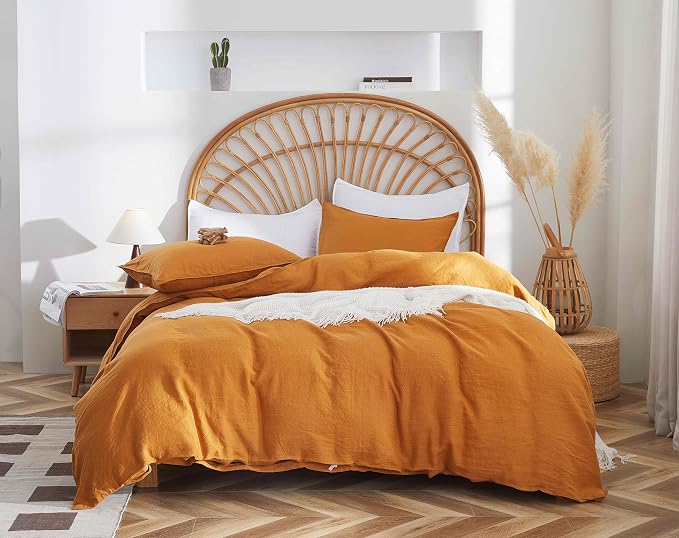 100% French Flax Linen Duvet Cover Set, Queen Size 90''x90'' 3 Pcs with 8 Corner Ties and Button Closure, Soft and Breathable for All Season(Rust, Queen)