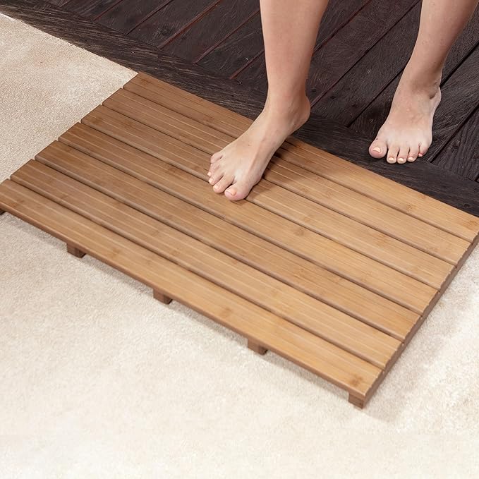Large Walnut Bamboo Bath Mat – Non-Slip Design Sauna Floor Mat, Secure Grip Pads, Water-Resistant Coating, Durable for Indoor/Outdoor Use, Bamboo Decor